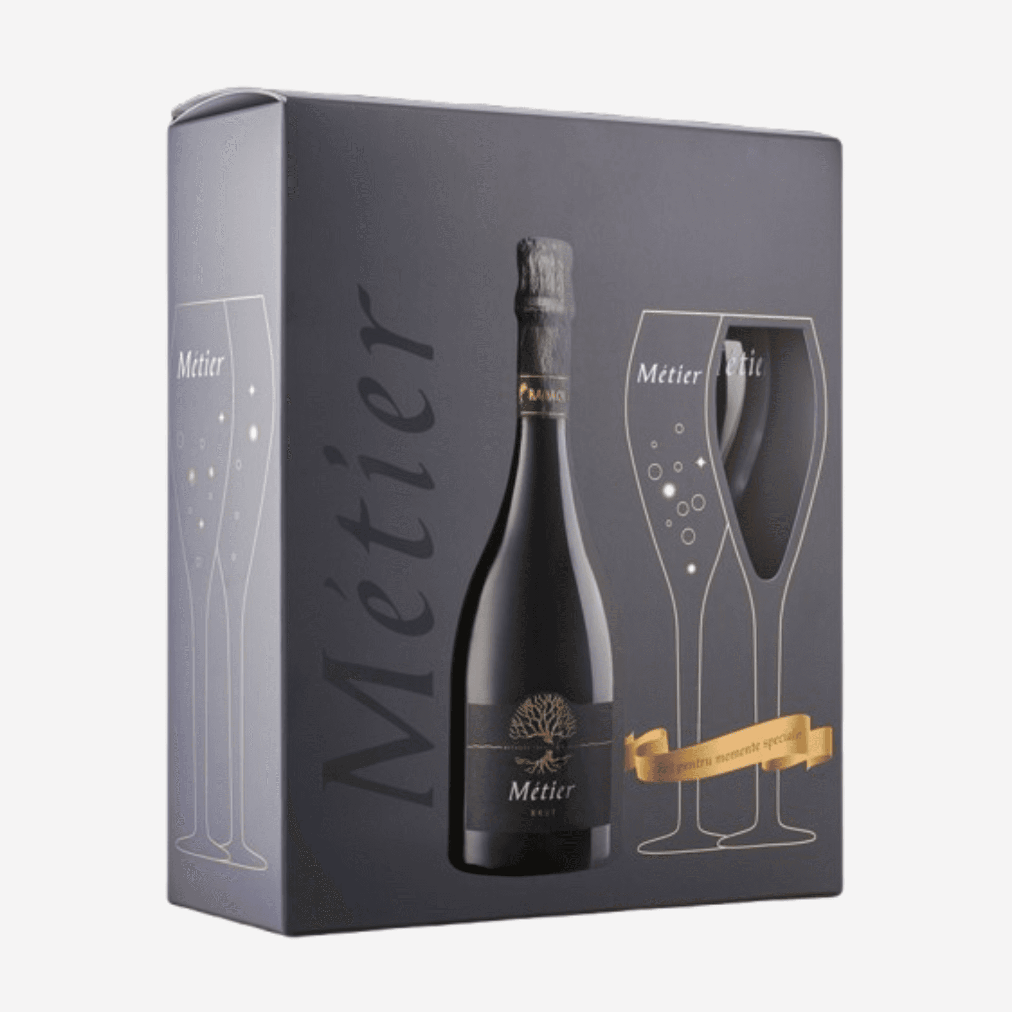 Radacini Set Métier Spumant Brut Alb in cutie + 2 pahare