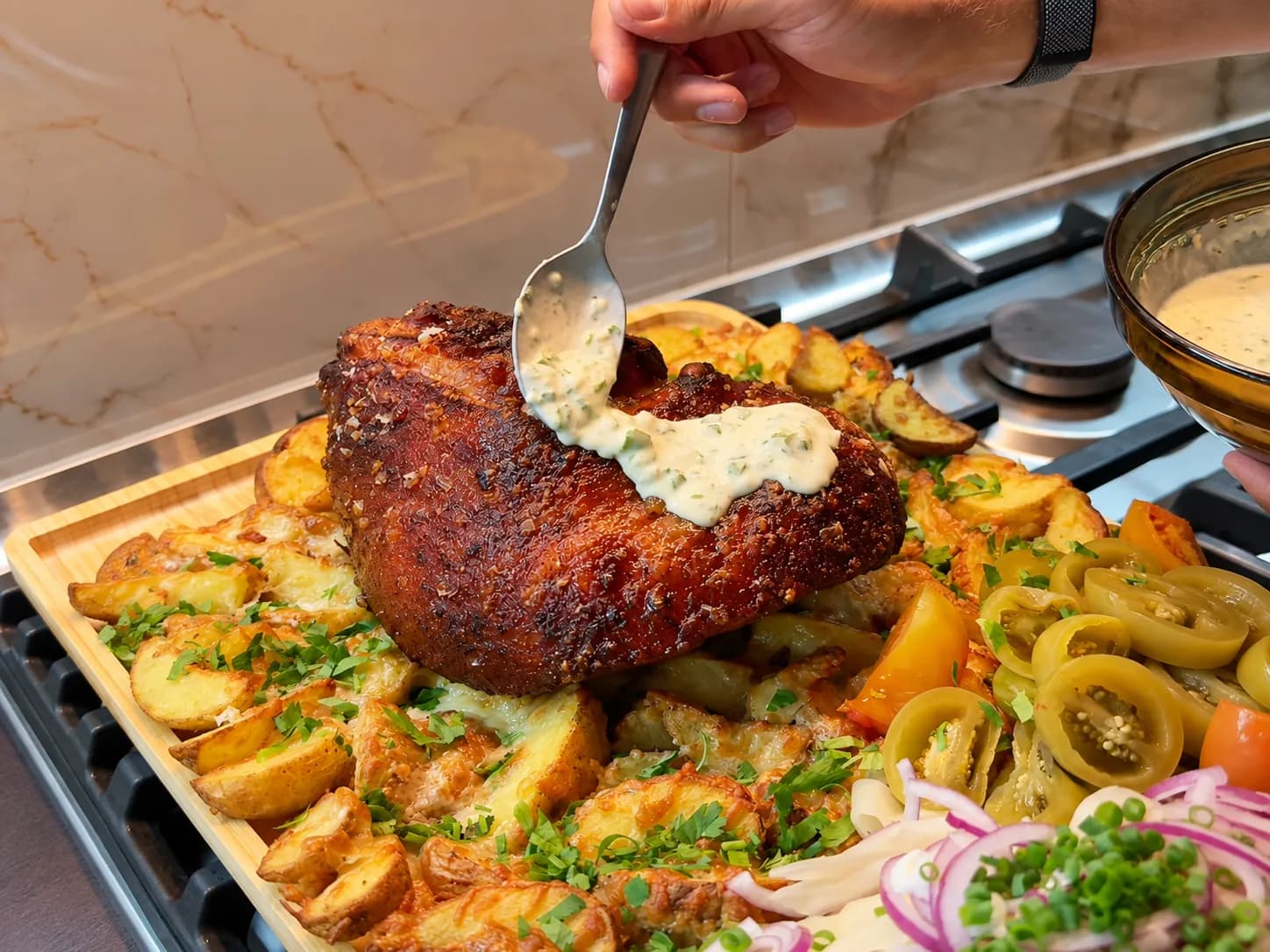 Ciolan de porc rumenit la cuptor, servit cu cartofi cu mozzarella, murături și mujdei cremos